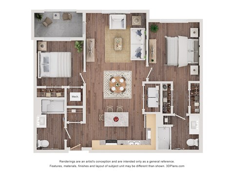 Floor plan for 2 beds, 2 baths, 926 sqft